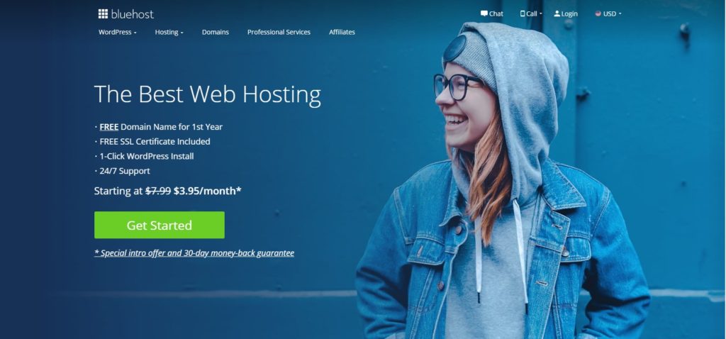 Bluehost Home Page To Start A Blog. Click "Get Started"