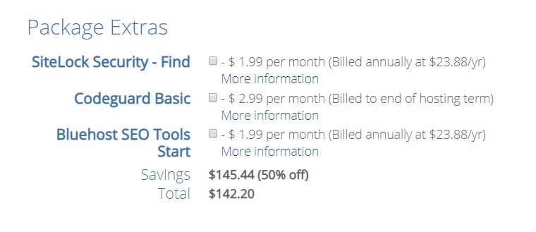 Bluehost Package Extras Unselected. To Start A Blog You Don't Need Any Extras.