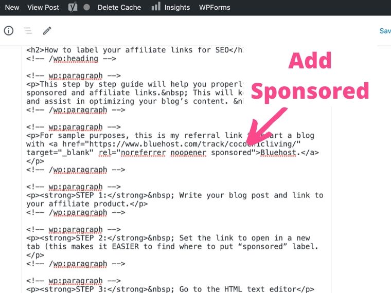 Step 5 to add sponsored affiliate links tag