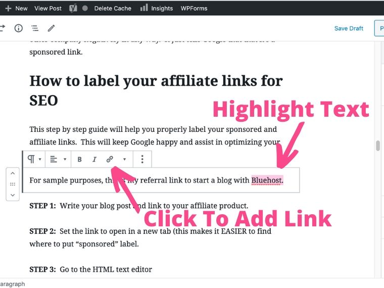 Step 1 to add sponsored affiliate links tag